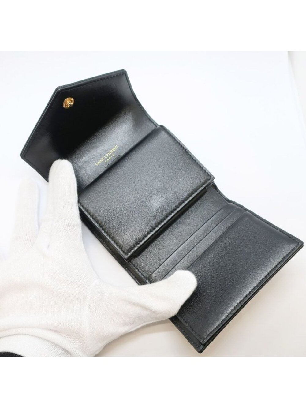 Saint Laurent Ten Multi Fold Wallet Black Leather Compact Mini Logo Quilted - Picture 8 of 10